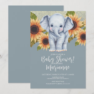 Elephant Baby Shower Sunflowers Glitter Dusty Blue Invitation