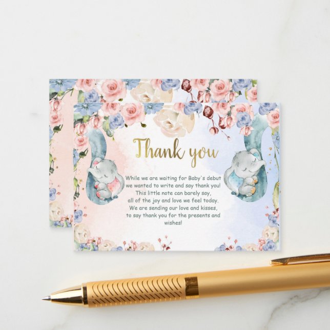 Elephant Baby Shower Thank You Card, Gender Reveal Enclosure Card (Front/Back In Situ)