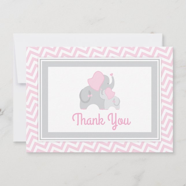Elephant Baby Shower Thank You Card Pink and Grey (Front)