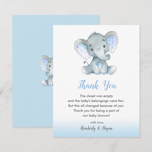Elephant Baby Shower Thank You Cards Boys Blue (Front/Back)