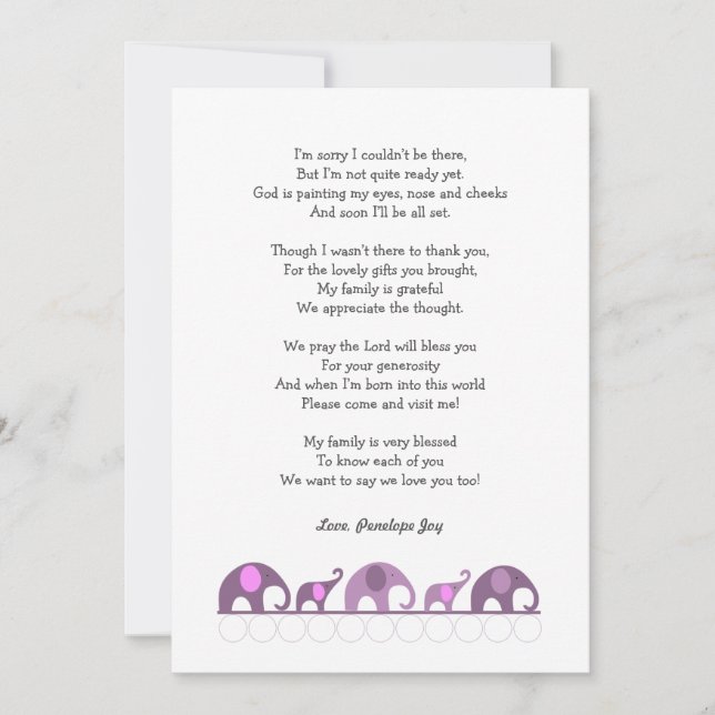 Elephant baby shower thank you notes / purple pink (Front)