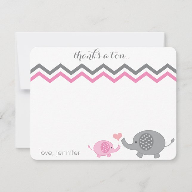 Elephant Baby Shower Thank You Pink Grey Chevron Note Card (Front)