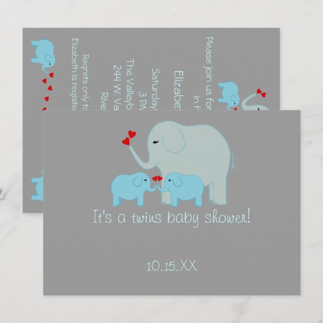 Elephant Baby Shower Twin Boys Invitation (Front/Back)