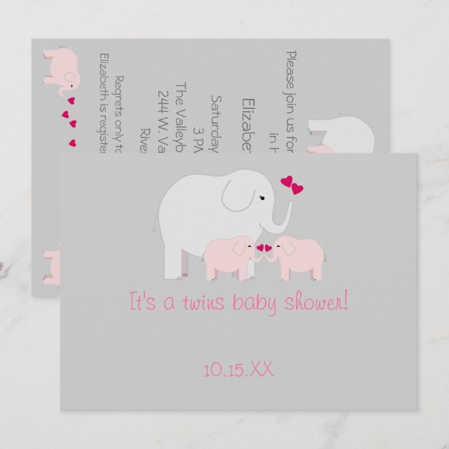 Elephant Baby Shower Twin Girls Invitation (Front/Back)