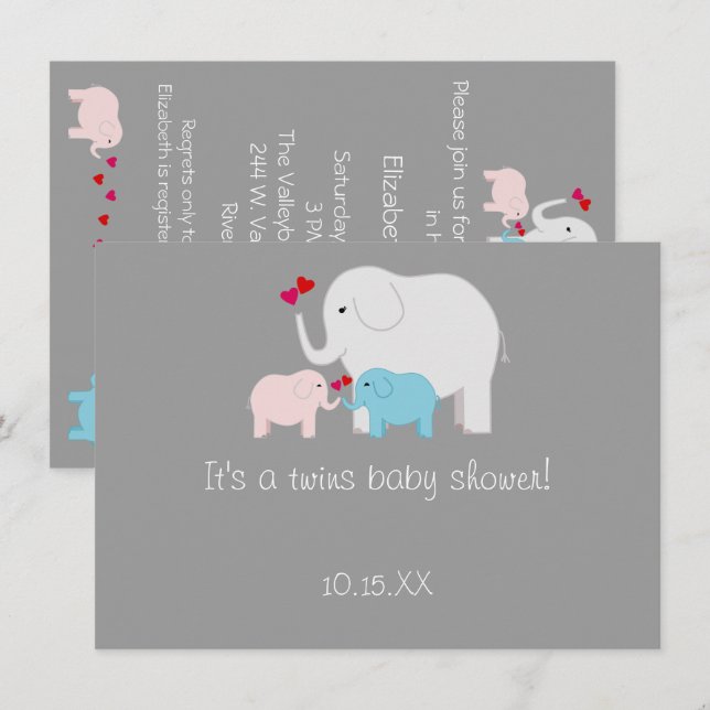 Elephant Baby Shower Twins Boy Girl Invitation (Front/Back)