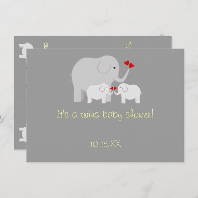 Elephant Baby Shower Twins Gender Neutral Invitation (Front/Back)