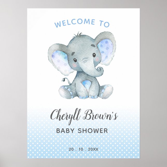 Elephant Baby Shower Welcome Sign Blue Boys Poster (Front)