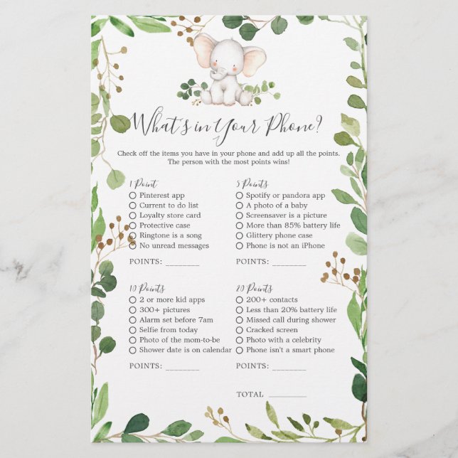 Elephant Baby Shower What's in Your Phone (Front)