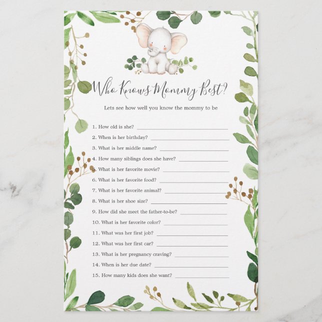 Elephant Baby Shower Who Knows Mummy Best (Front)