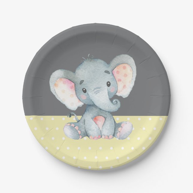 Elephant Baby Shower Yellow and Grey Paper Plate (Front)
