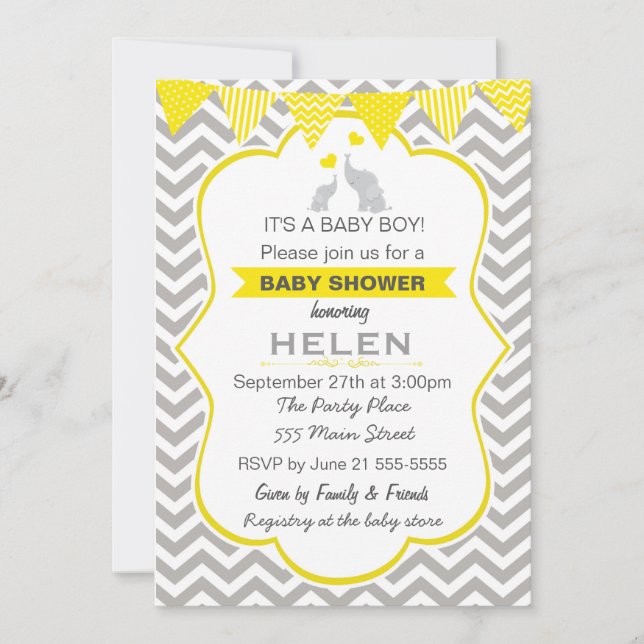 Elephant Baby Shower Yellow Chevron Invitation (Front)