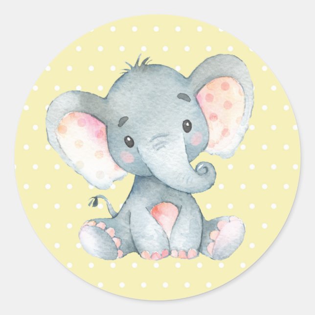 Elephant Baby Shower Yellow Classic Round Sticker (Front)