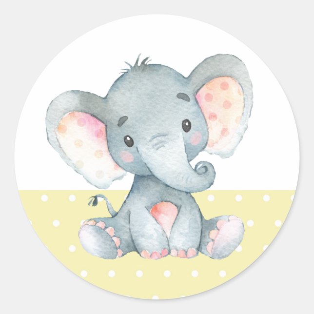 Elephant Baby Shower Yellow Classic Round Sticker (Front)