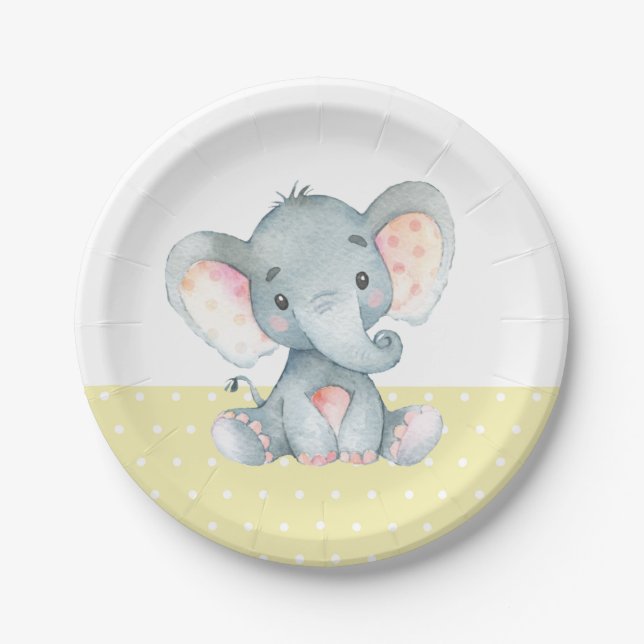 Elephant Baby Shower Yellow Paper Plate (Front)