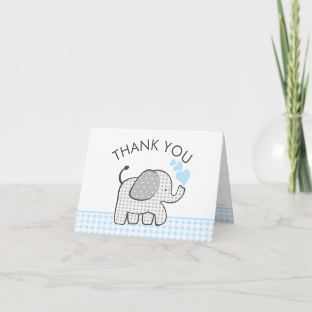 Elephant Baby Thank You Blue Gingham Card (Front)