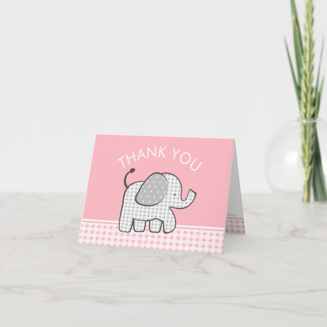 Elephant Baby Thank You Pink Gingham Card (Front)
