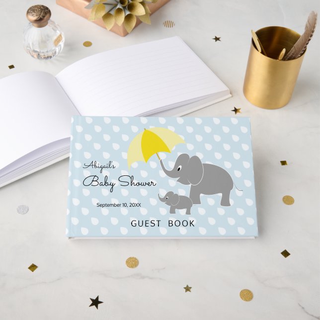 Elephant & Baby, Umbrella, Blue Baby Shower Guest Book (Front Open)