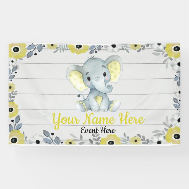 Elephant Backdrop Rustic Flowers Yellow Banner (Horizontal)