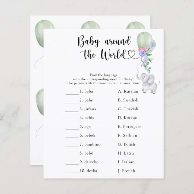 Elephant & Balloon - Baby around the world game (Front/Back)