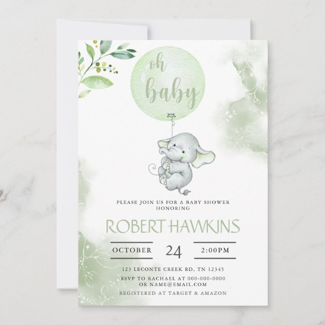 Elephant Balloon Baby Shower Invitation (Front)