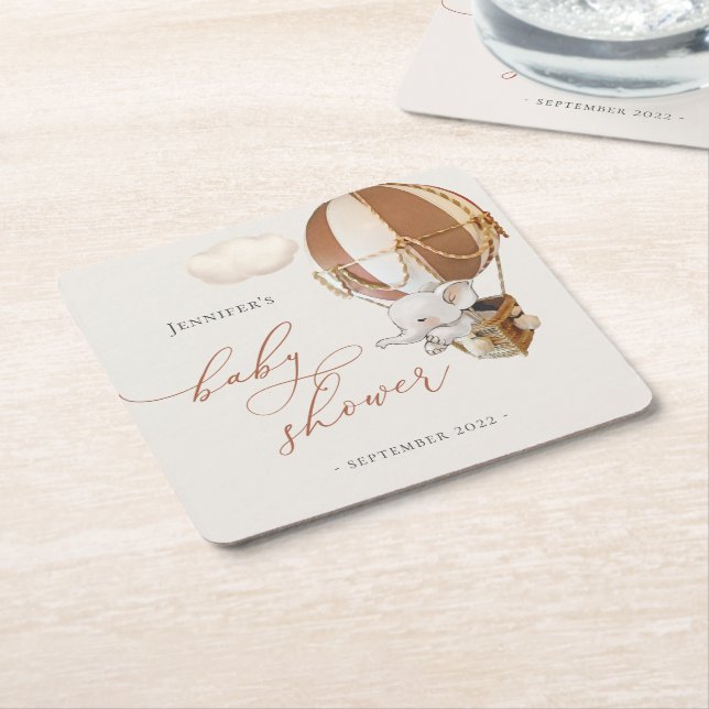 Elephant Balloon Baby Shower Square Paper Coaster (Angled)