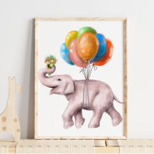 Elephant Balloon Bouquet Print   Watercolor Print