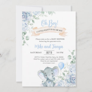 Elephant & balloon boy Baby Shower invite, floral. Invitation