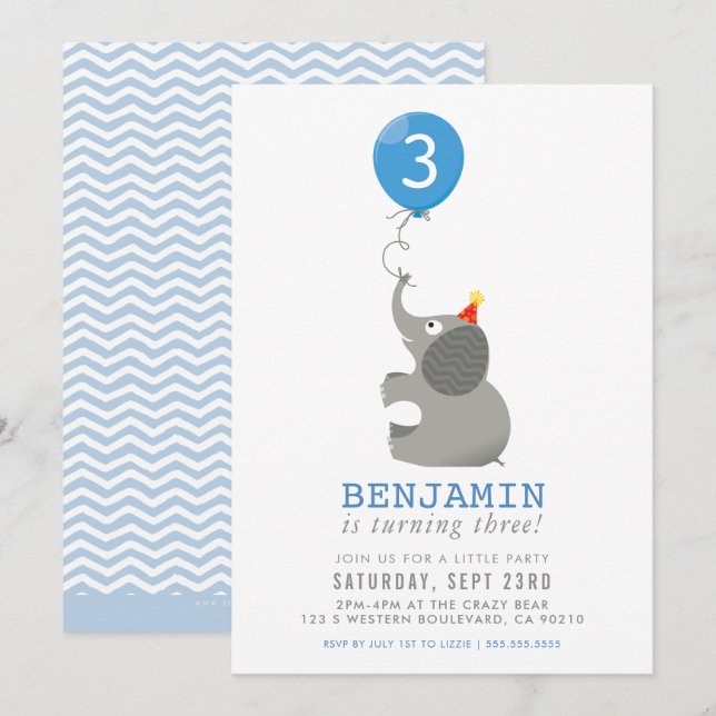 ELEPHANT & BALLOON cute birthday party invite blue (Front/Back)