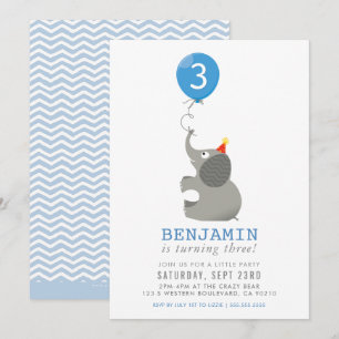 ELEPHANT & BALLOON cute birthday party invite blue