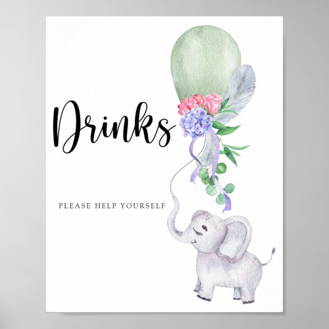 Elephant & Balloon Drinks help yourself Poster (Front)