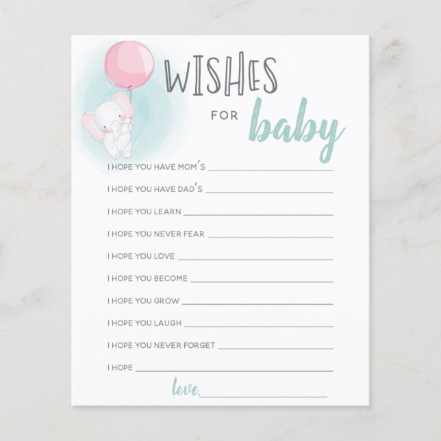 Elephant Balloons Baby Shower Wishes for Baby Card (Front)