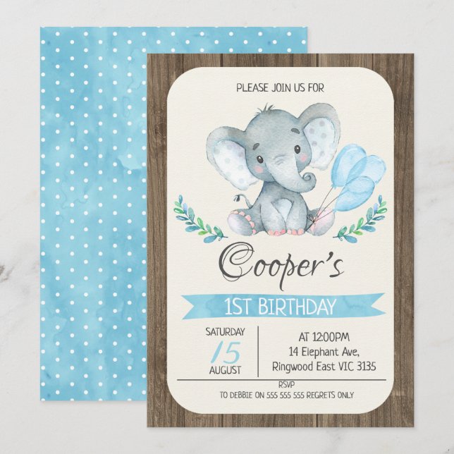 Elephant Balloons Birthday Invitation (Front/Back)