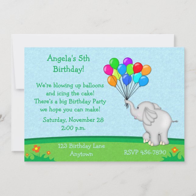 Elephant Balloons Birthday Invitation (Front)