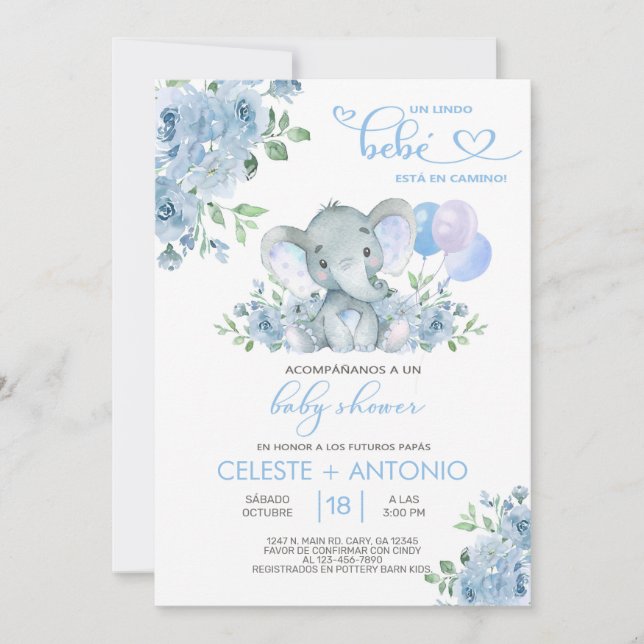 Elephant & balloons boy baby shower invite Spanish (Front)