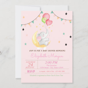 Elephant,Balloons,Moon, Stars Baby Shower Invitation