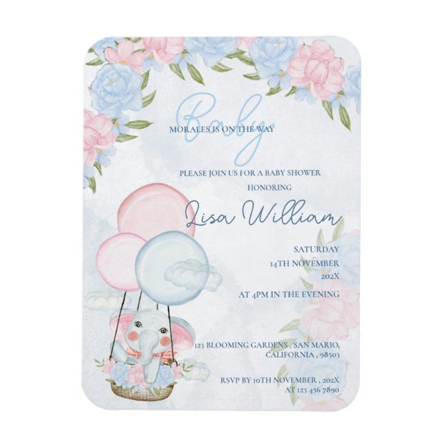  Elephant Balloons Pink Floral Baby Shower Invite Magnet (Vertical)