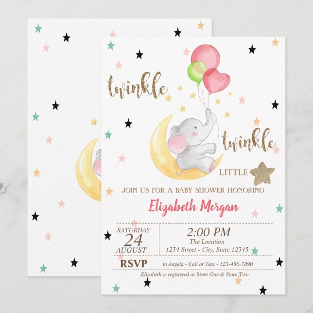 Elephant,Balloons,Twinkle Little Star Baby Shower Invitation (Front/Back)