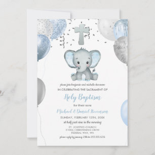 Elephant Balloons Watercolor Baptism Invitation