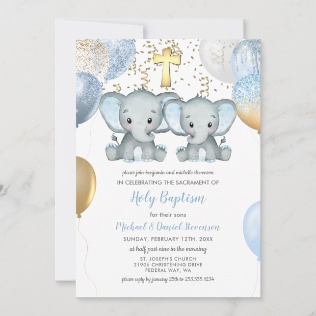 Elephant Balloons Watercolor Baptism Invitation (Front)