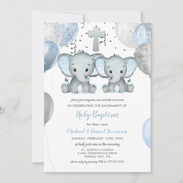 Elephant Balloons Watercolor Baptism Invitation (Front)