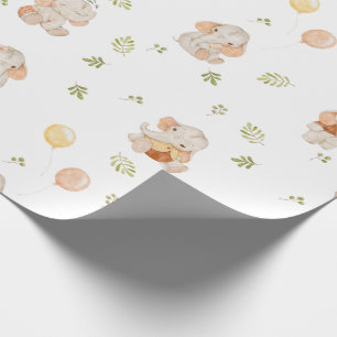 Elephant Balloons Watercolor Greenery Baby Shower Wrapping Paper