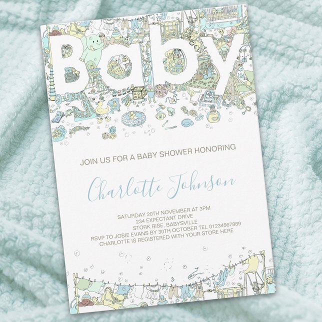 Elephant bear giraffe Watercolor Blue Invitation (Boy baby shower invitation )