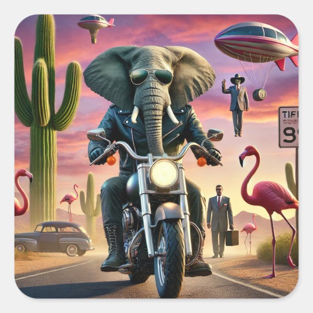 Elephant Biker Surreal Desert Ride Square Sticker (Front)