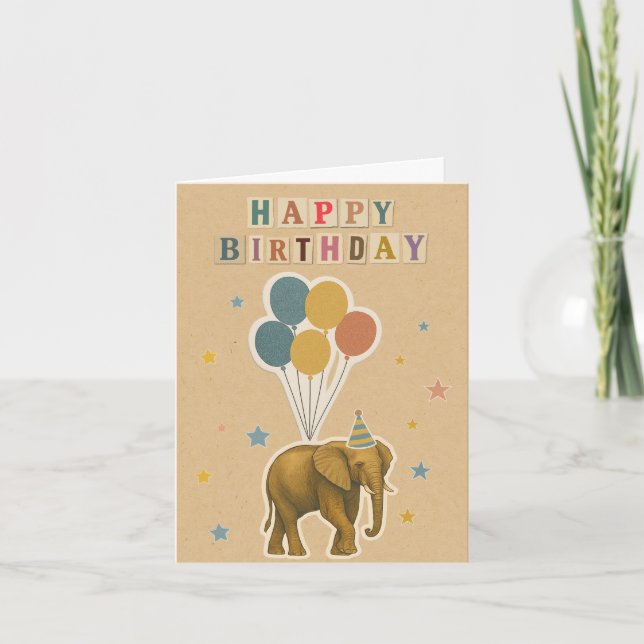 Elephant Birthday Card with Balloons (Front)