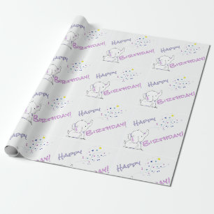 Elephant Birthday Cartoon Blowing Colourful Shapes Wrapping Paper