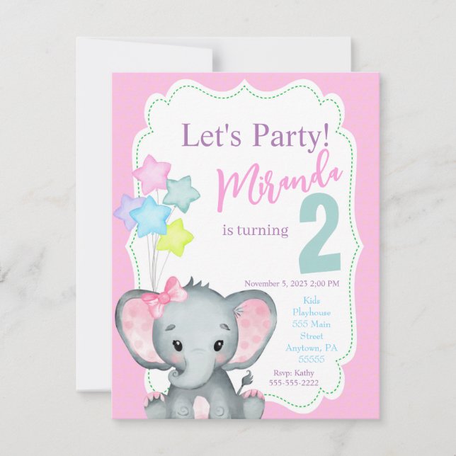 Elephant Birthday invitation, Girl birthday invite (Front)