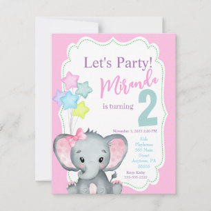 Elephant Birthday invitation, Girl birthday invite