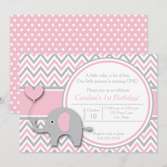 Elephant Birthday Invitation, Pink and Grey Invitation (Front/Back)