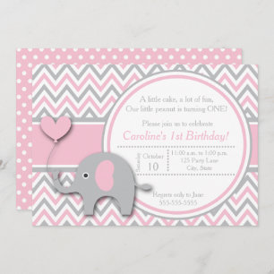 Elephant Birthday Invitation, Pink and Grey Invitation