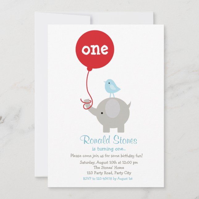 Elephant Birthday Invitation with Red Balloon (Front)